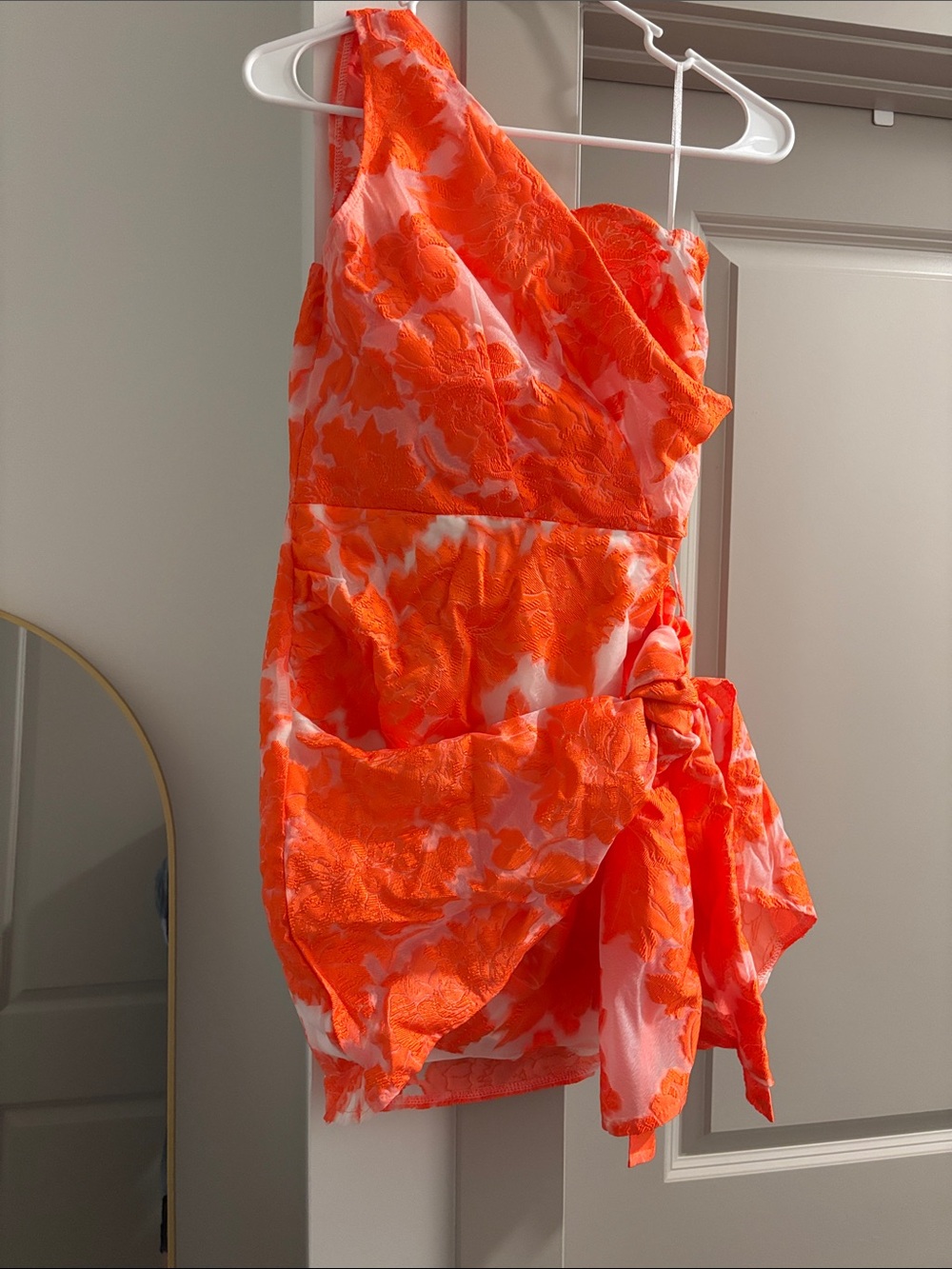 Reverse Neon Orange Floral One-Shoulder Mini Dress